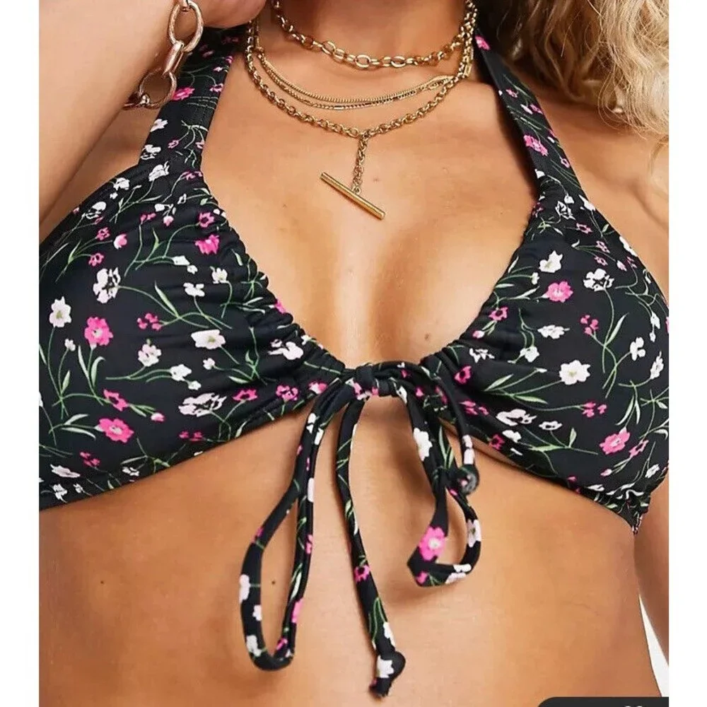 ASOS The Frolic NWT black Floral Bikini top multi US 4 Halter Tie Back
